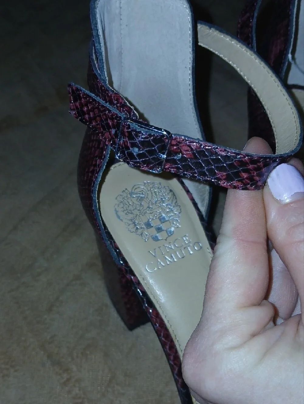 Vince Camuto Burgundy Leather Snake-Print Ankle Strap Block Heels Sz: 9.5